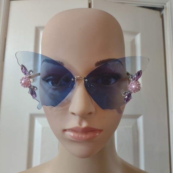 New Blue butterfly rhinestone sunglasses fashion women's rimless - Picture 4 of 7